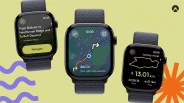 Three black smartwatches with dark fabric straps displaying navigation, map, and activity recap screens on a light green background.