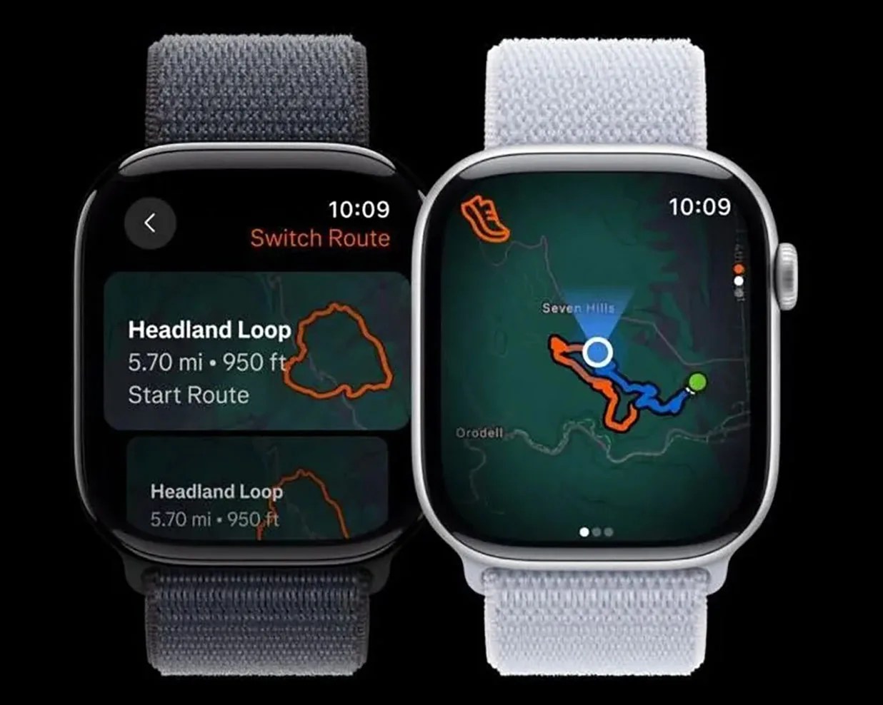 Two smartwatches with fabric bands displaying hiking route maps and navigation details on their screens.