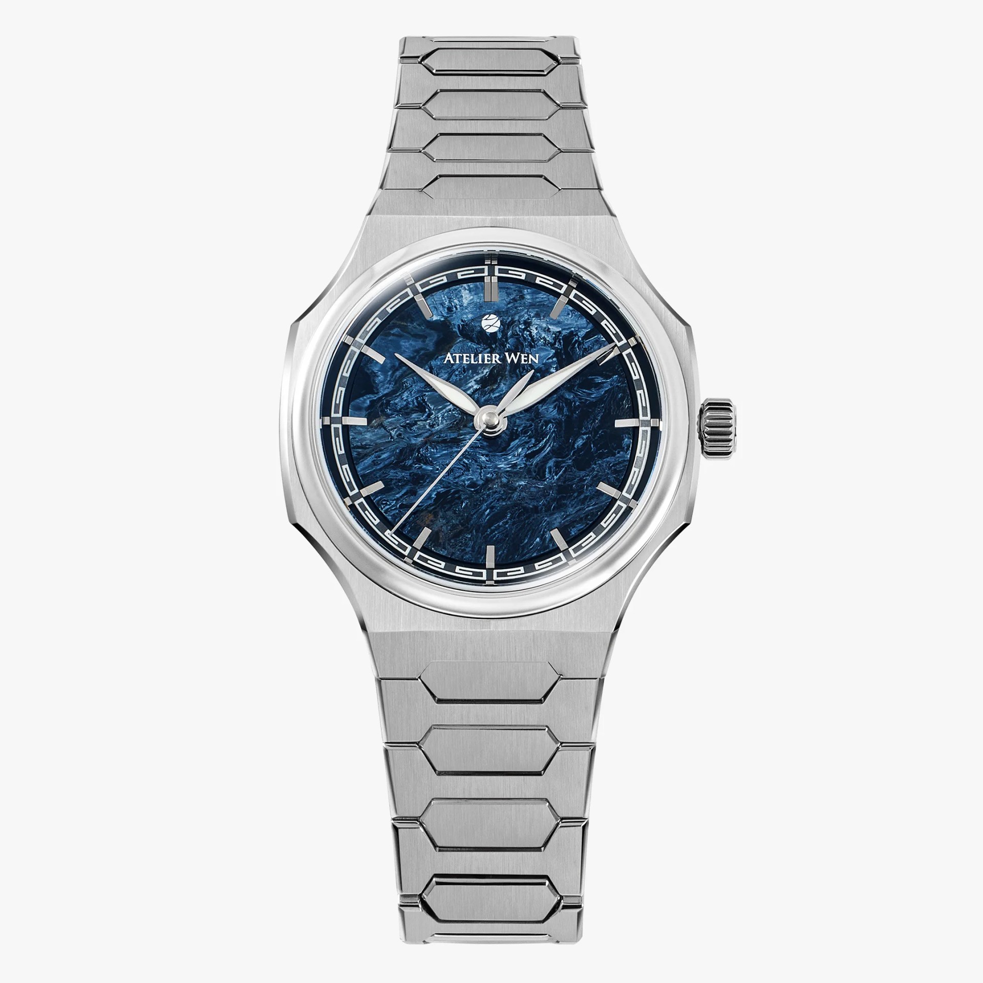 Silver stainless steel wristwatch with a textured deep blue dial and silver hour markers and hands.