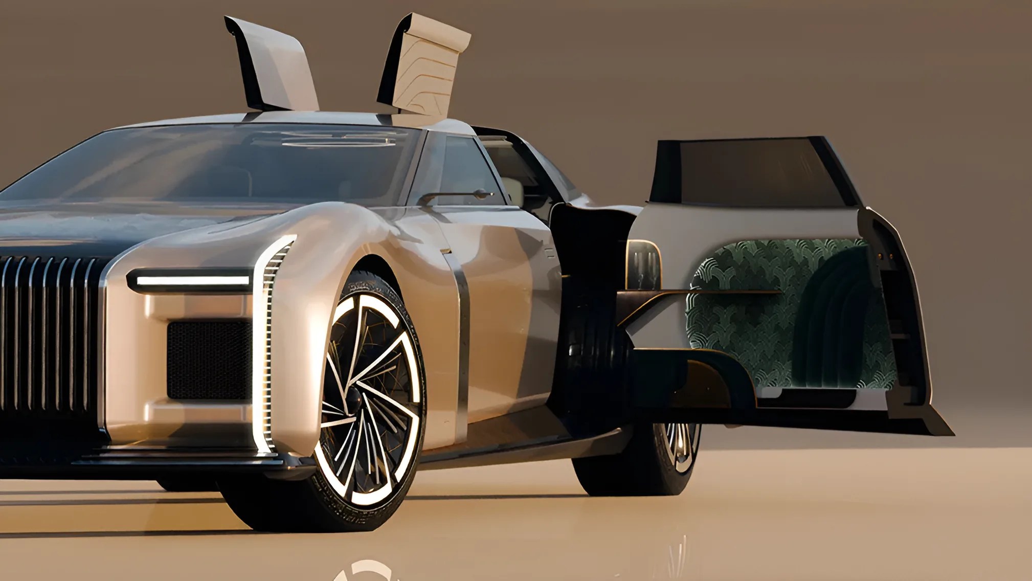 Futuristic luxury car with gullwing doors open, showing green patterned interior seating.