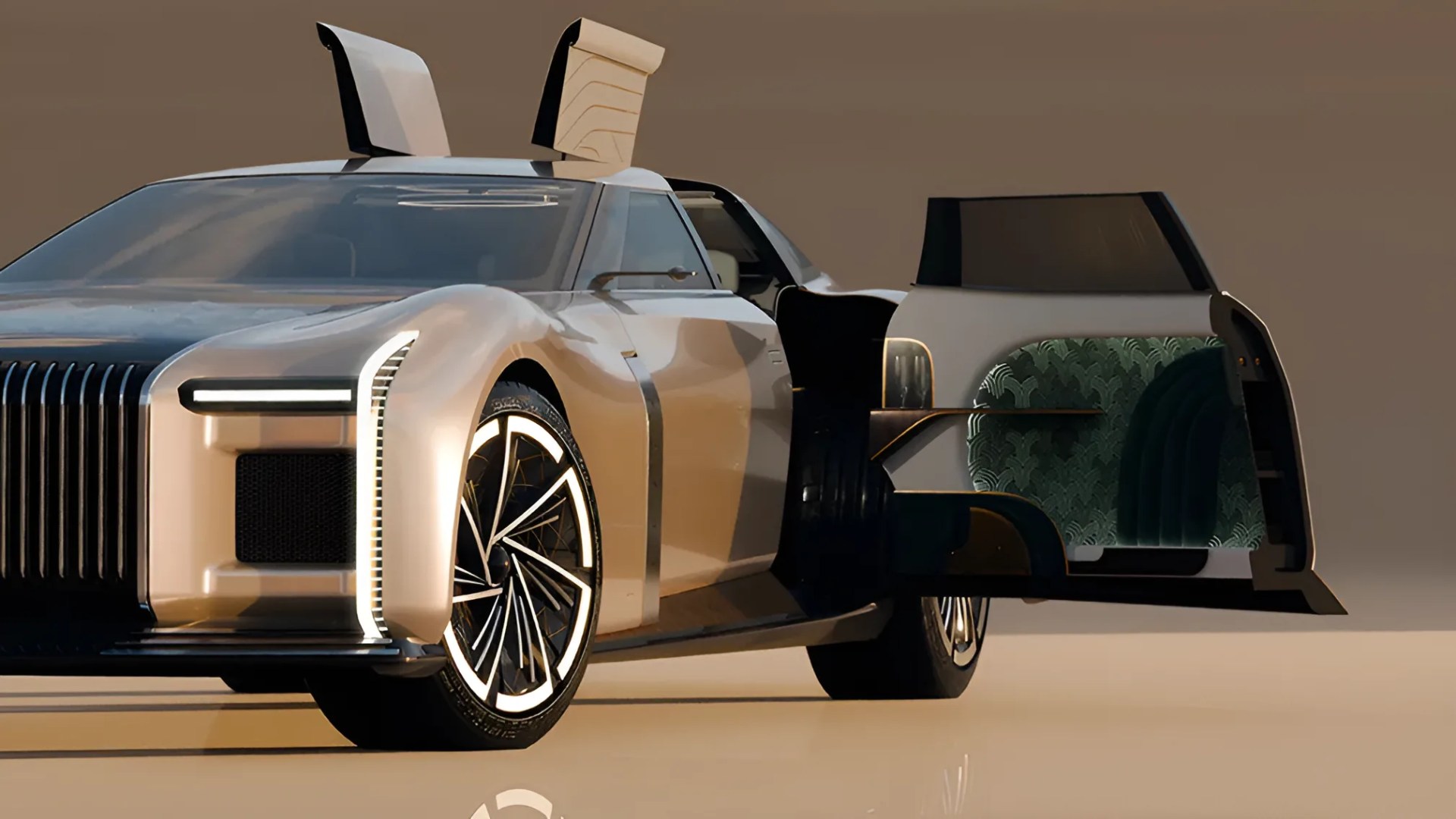 Futuristic luxury car with gullwing doors open, showing green patterned interior seating.