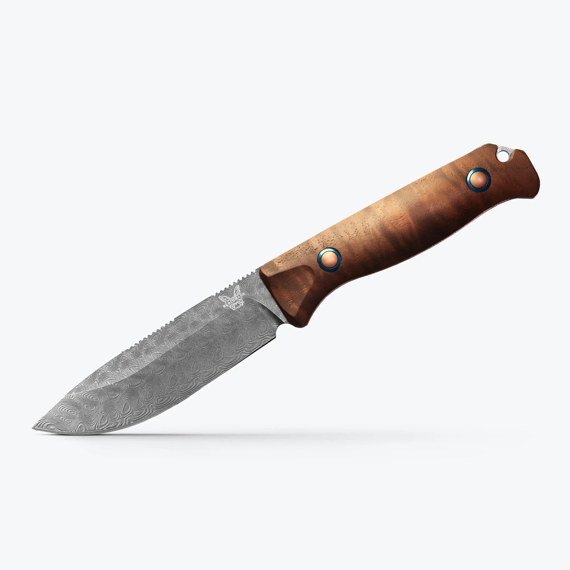 Fixed-blade knife with patterned Damascus steel blade and polished wooden handle with blue-rimmed rivets.