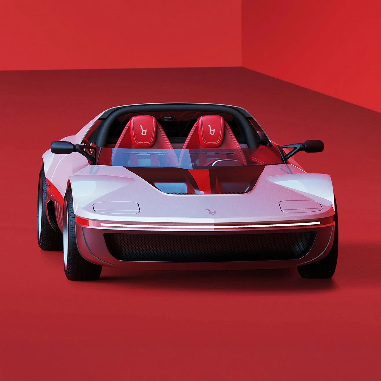 White futuristic convertible sports car with red leather seats and black side mirrors on a red floor and wall background.