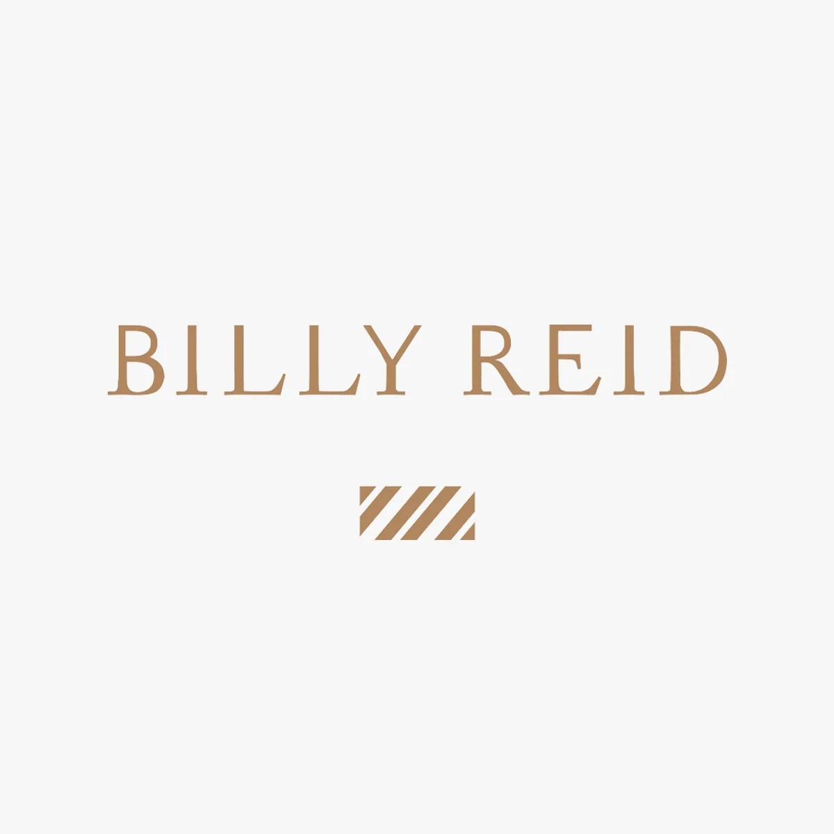 Billy Reid brand logo in light brown on a white background with a small striped rectangle below the text.