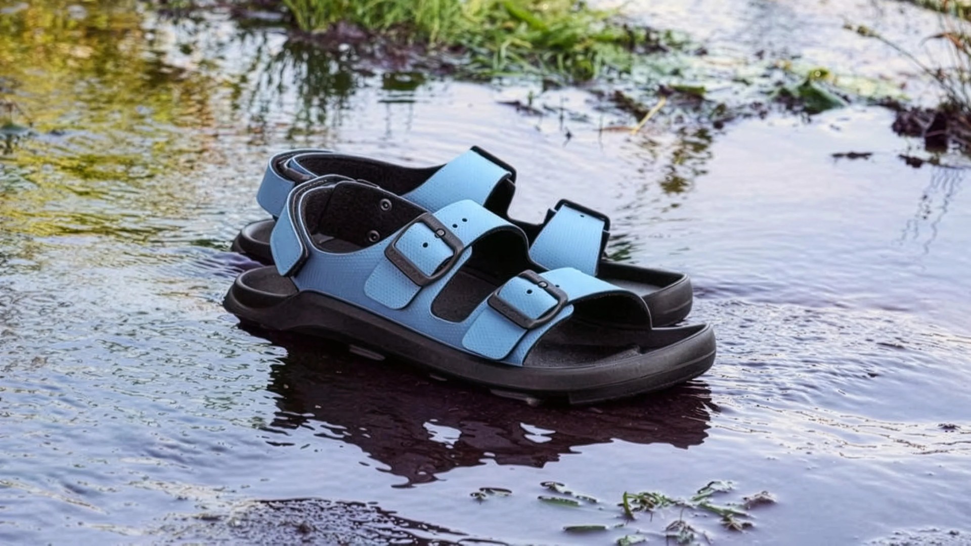 Pair of blue and black sandals with buckles resting on shallow water with grass reflections.