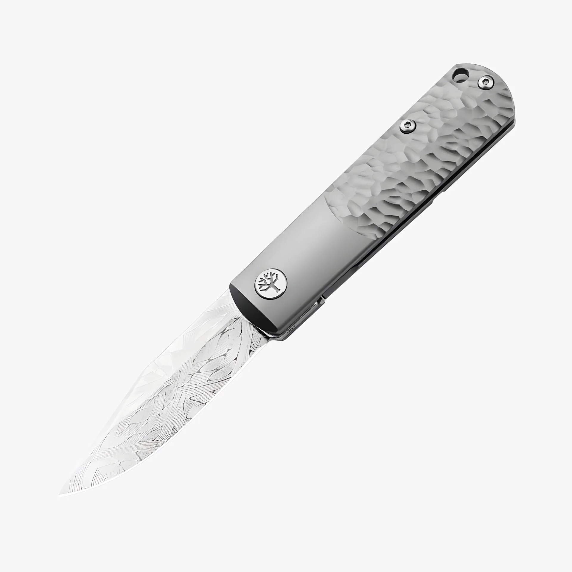 Folding knife with hammered silver handle and patterned Damascus steel blade.