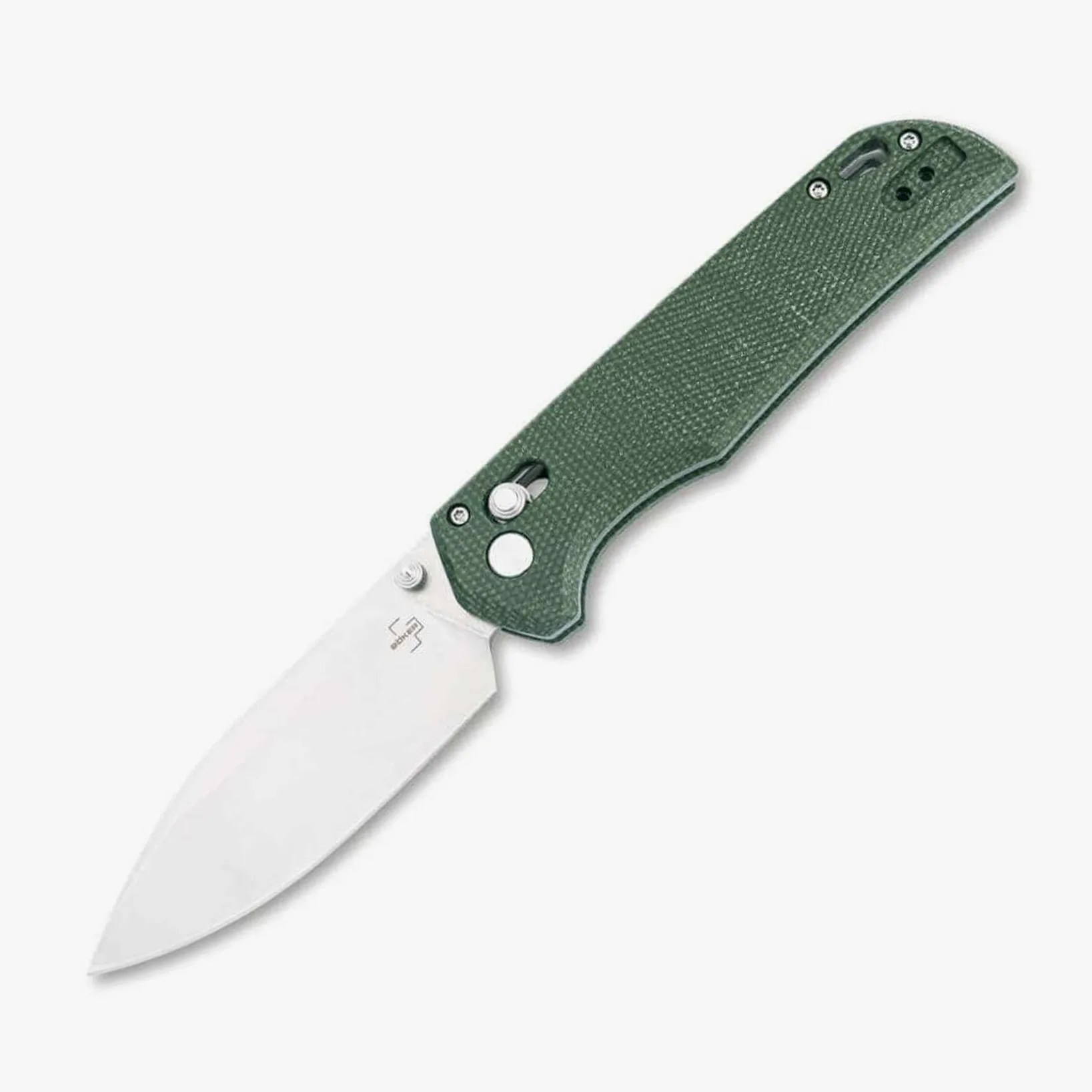 Folding knife with a silver blade and textured dark green handle on a white background.