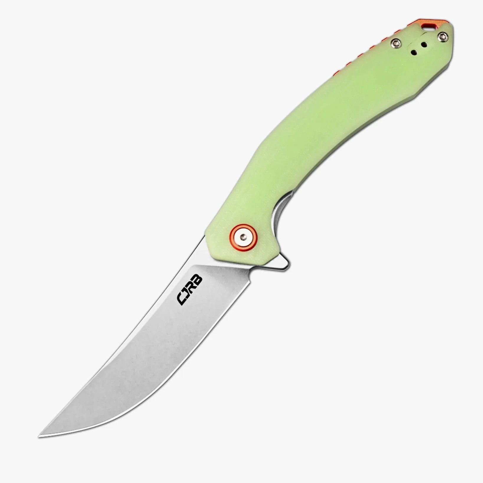 Folding knife with a curved silver blade and light green handle with orange accents.