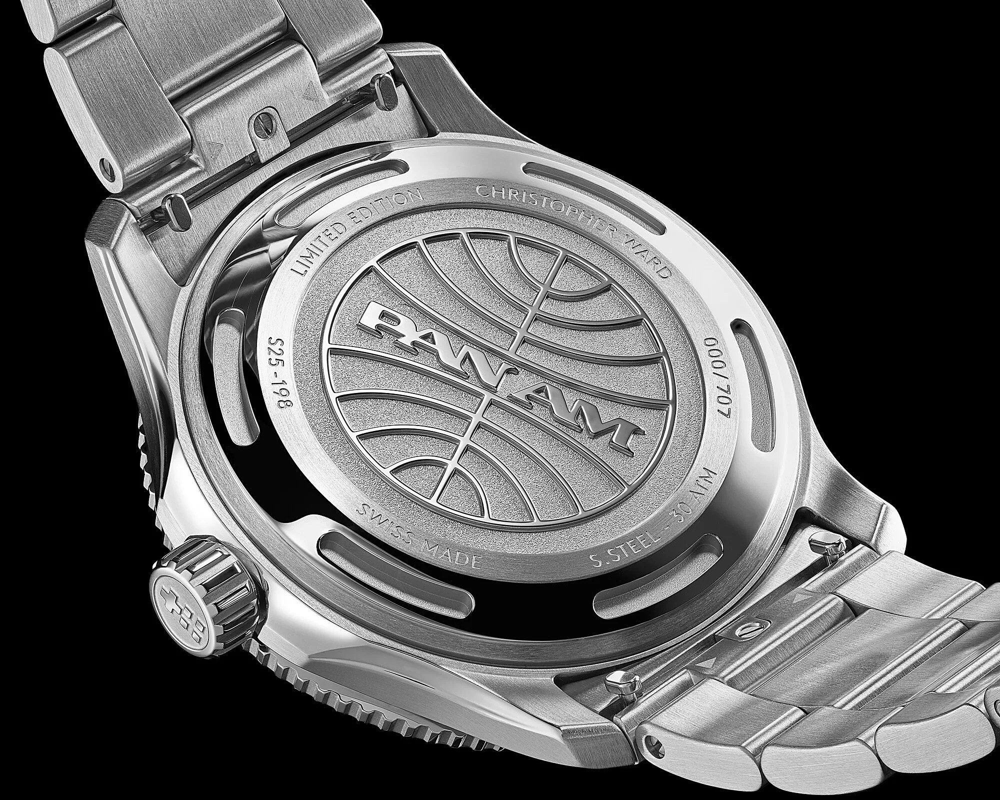 Close-up of the stainless steel back of a limited edition Christopher Ward Pan Am watch with engraved logo and serial number.