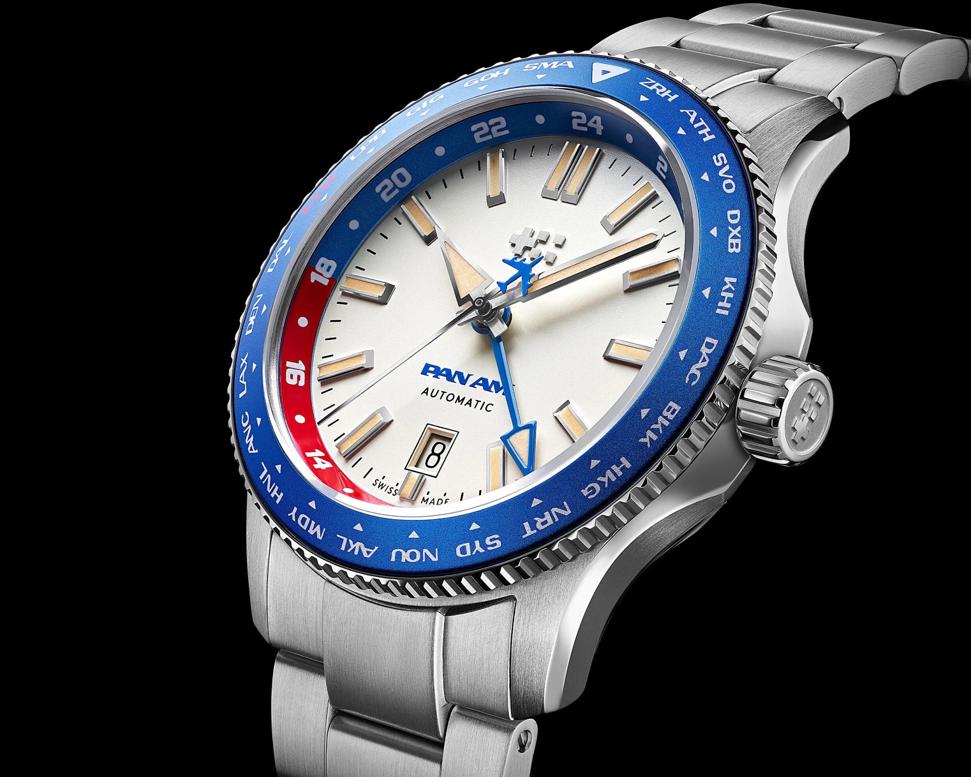 Silver stainless steel Pan Am automatic wristwatch with white dial, blue and red bezel, and blue GMT hand.