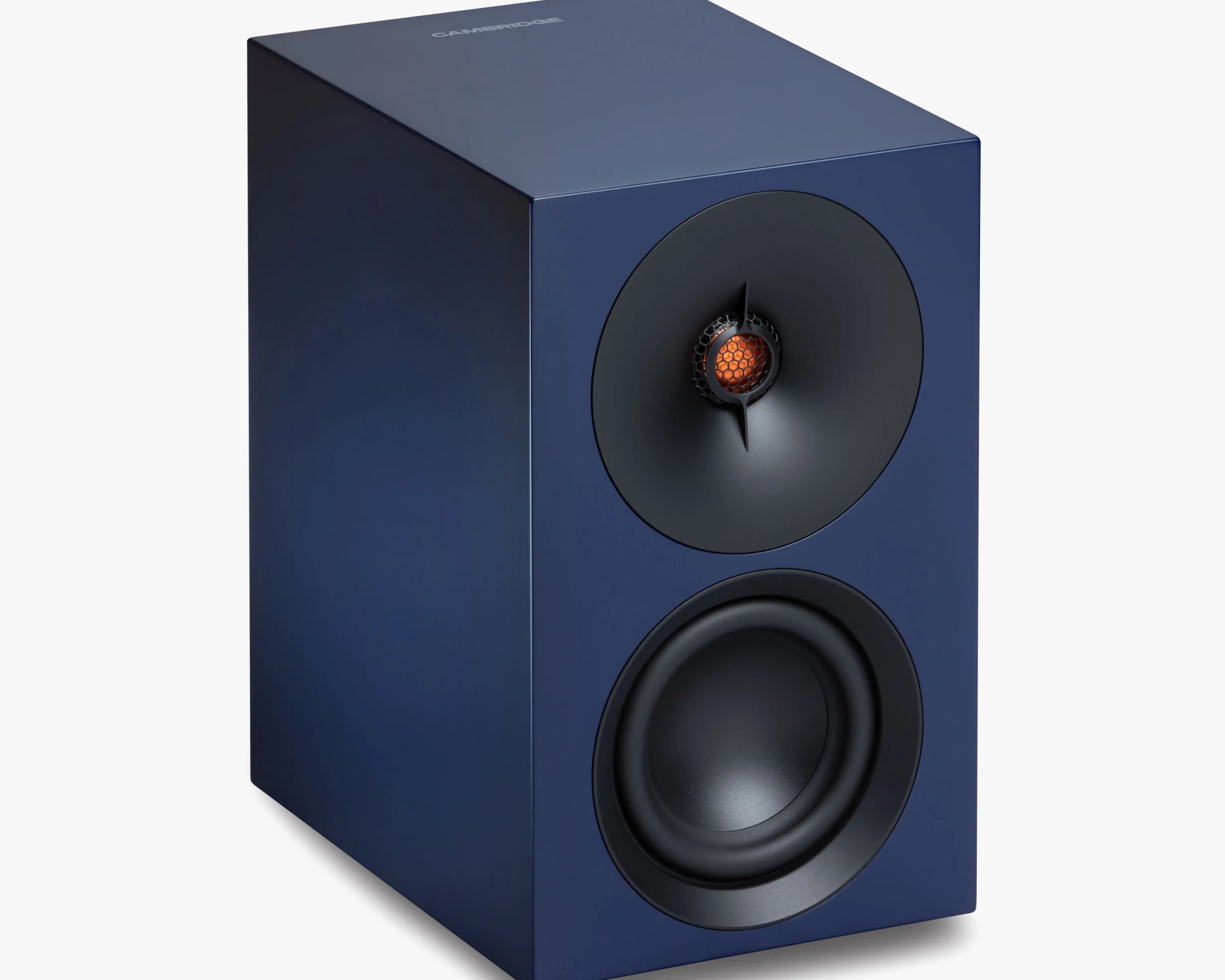 Blue rectangular bookshelf speaker with black drivers and an orange tweeter dome.