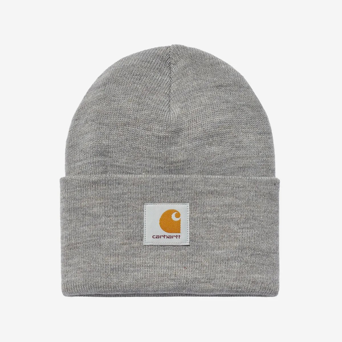 Light gray knit beanie with a folded cuff and a white patch featuring an orange Carhartt logo.