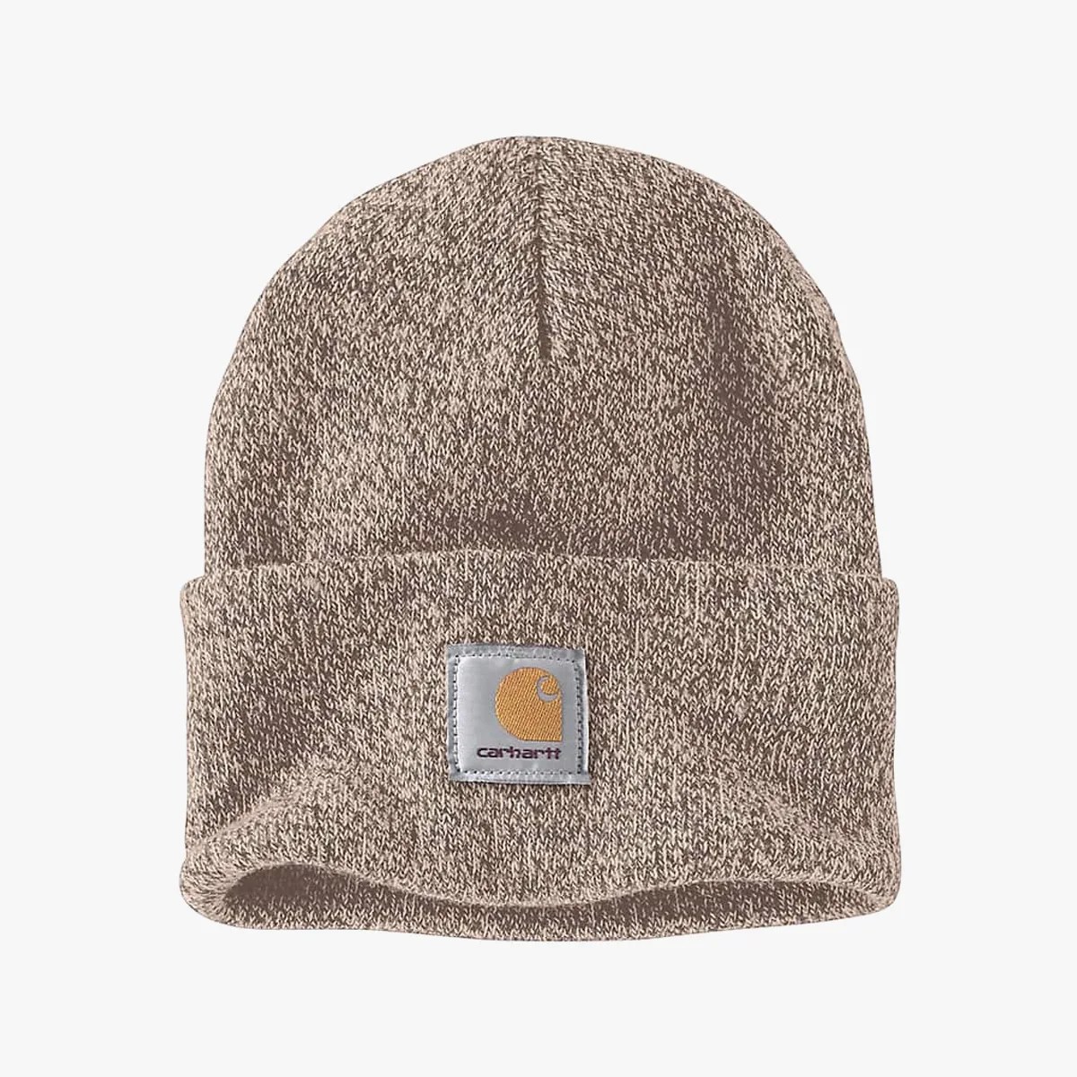 Brown and beige marled knit Carhartt beanie with folded cuff and logo patch on front.