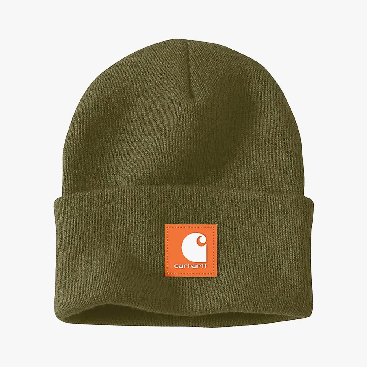 Olive green knit beanie with folded cuff and orange Carhartt logo patch on front.