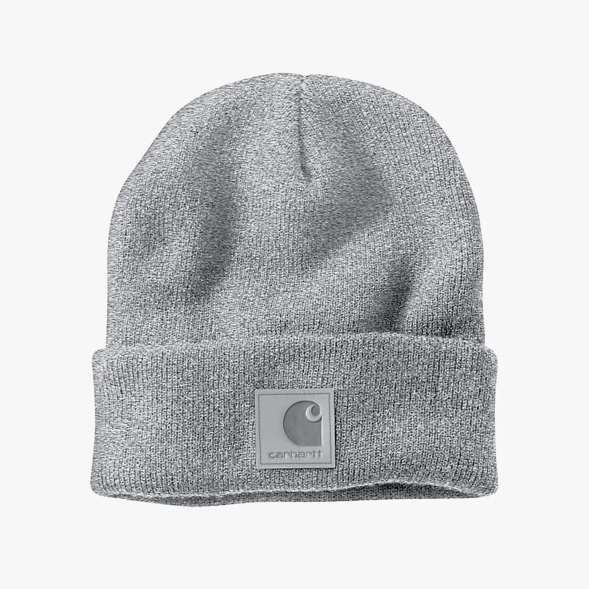 Gray knit Carhartt beanie with folded cuff and logo patch on front.