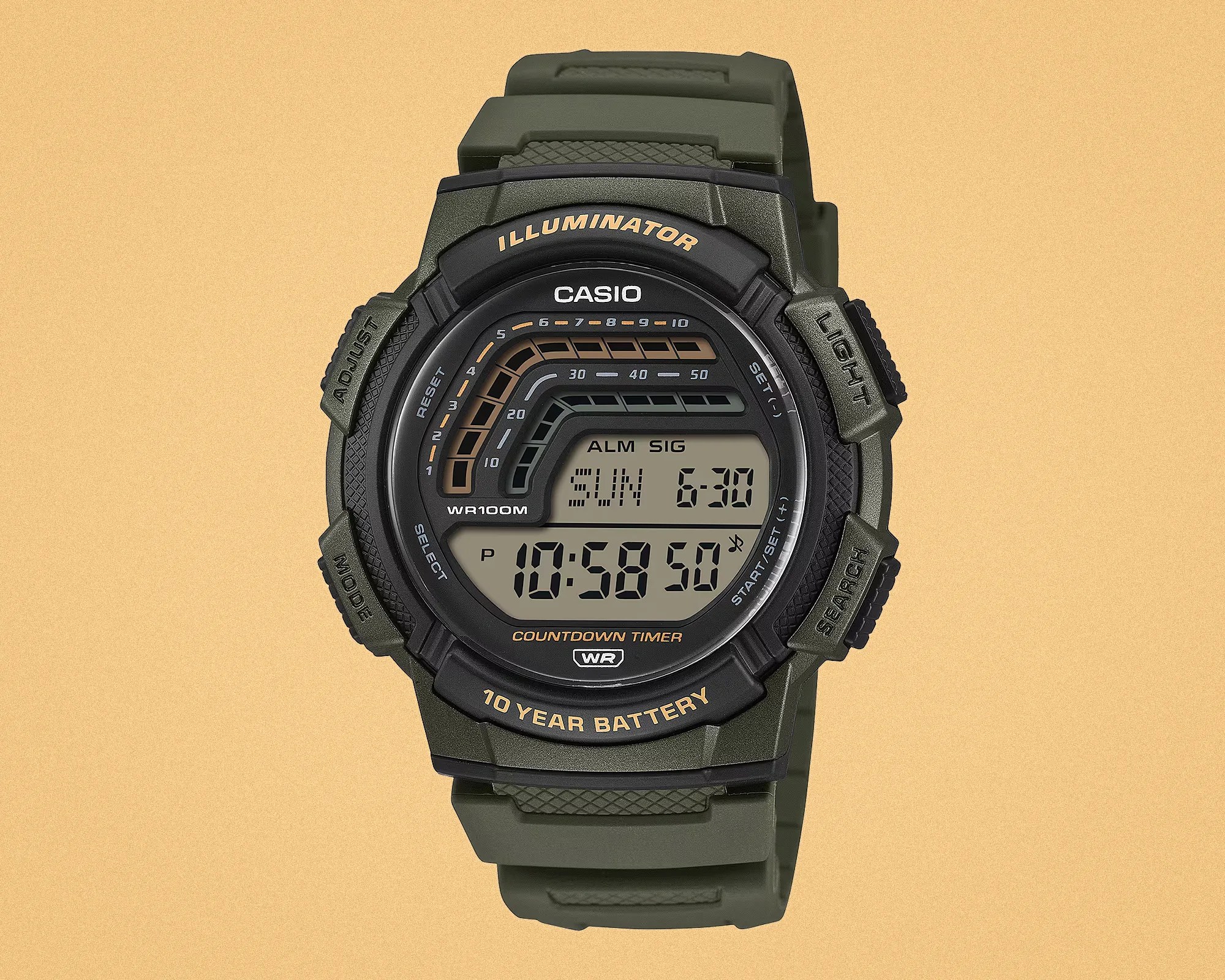 Digital Casio wristwatch with olive green resin band and black bezel, featuring countdown timer and 10-year battery.