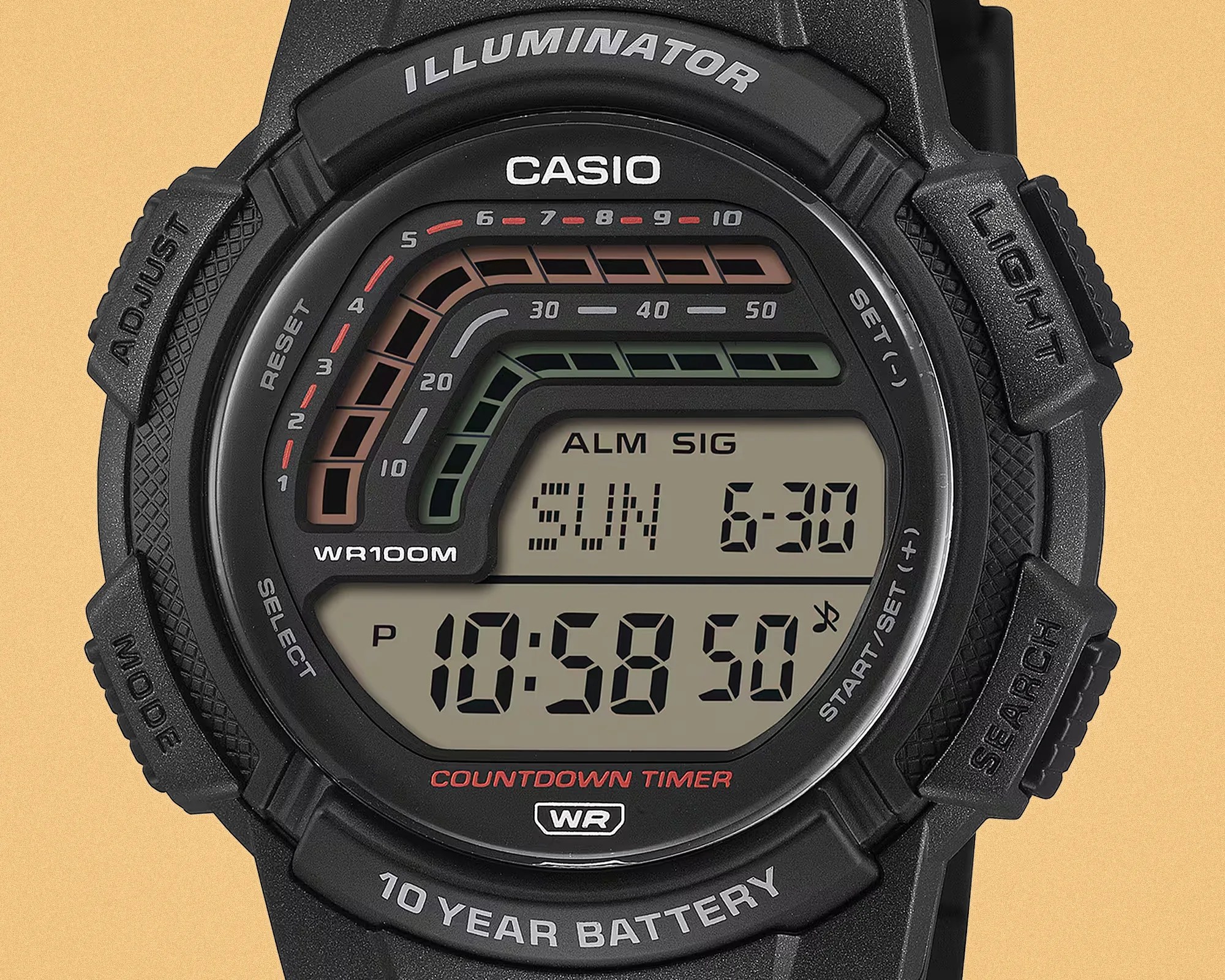 Black Casio digital watch with countdown timer, 10-year battery, and water resistance up to 100 meters.