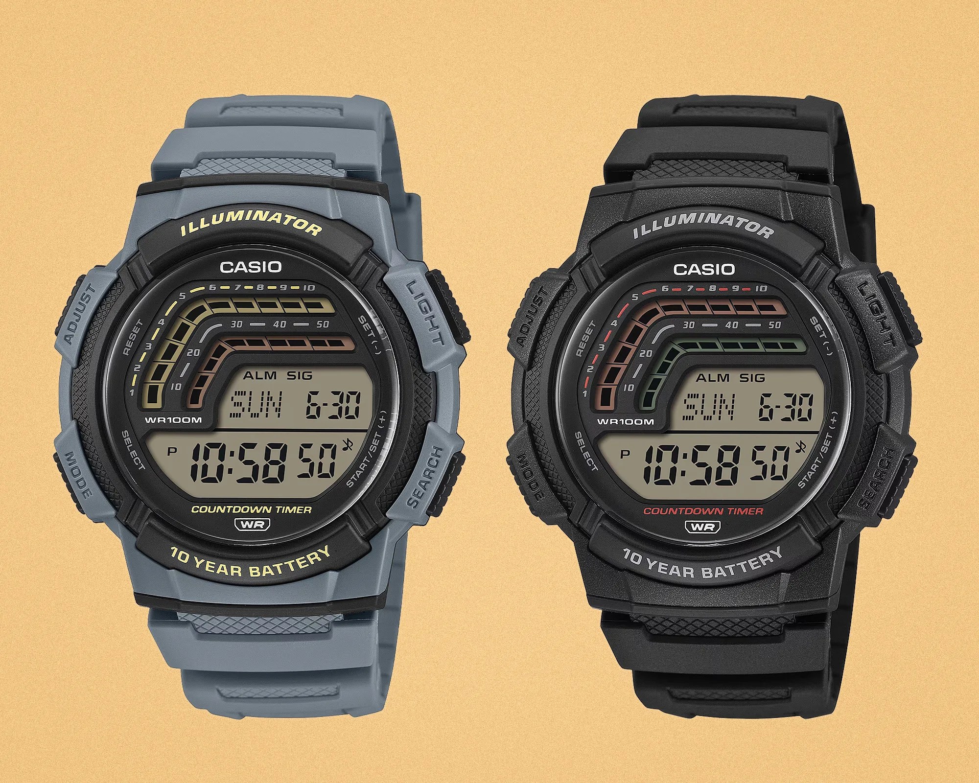 Two Casio digital watches side by side, one with a gray strap and yellow accents, the other with a black strap and red accents, both showing time and date.