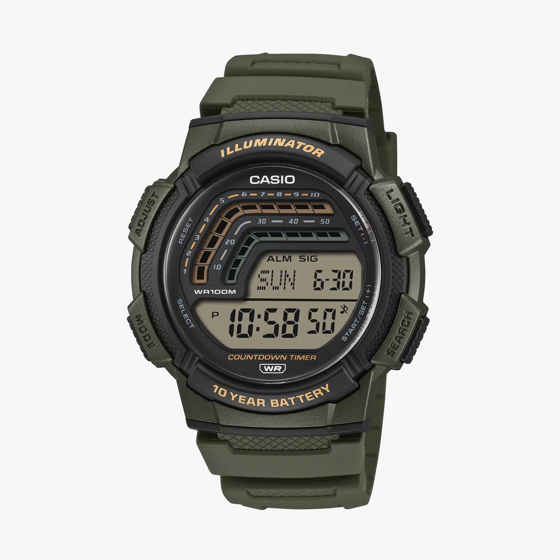 Digital Casio wristwatch with olive green resin band and black bezel, featuring countdown timer and 10-year battery.