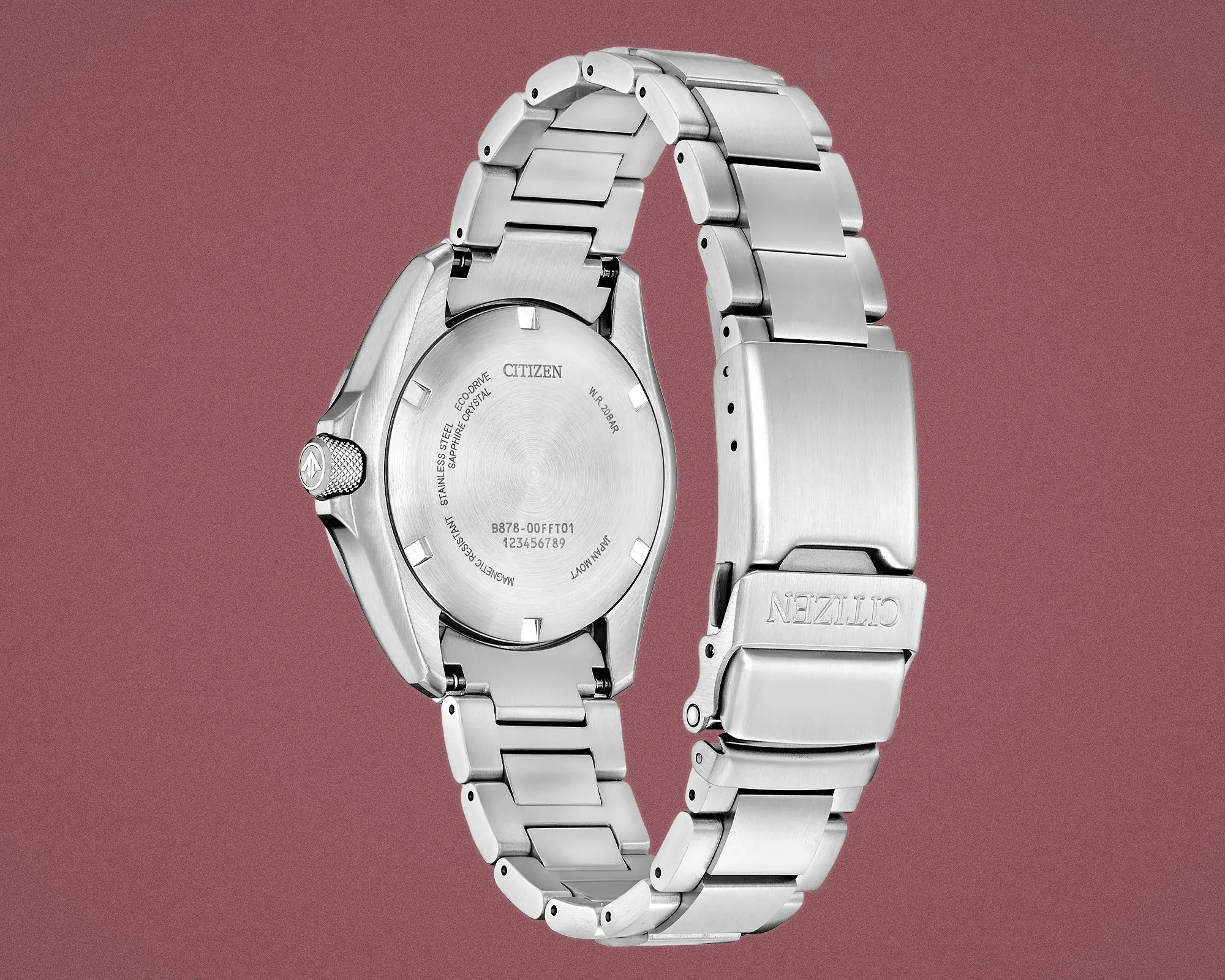 Silver stainless steel Citizen watch with metal link bracelet shown from the back.