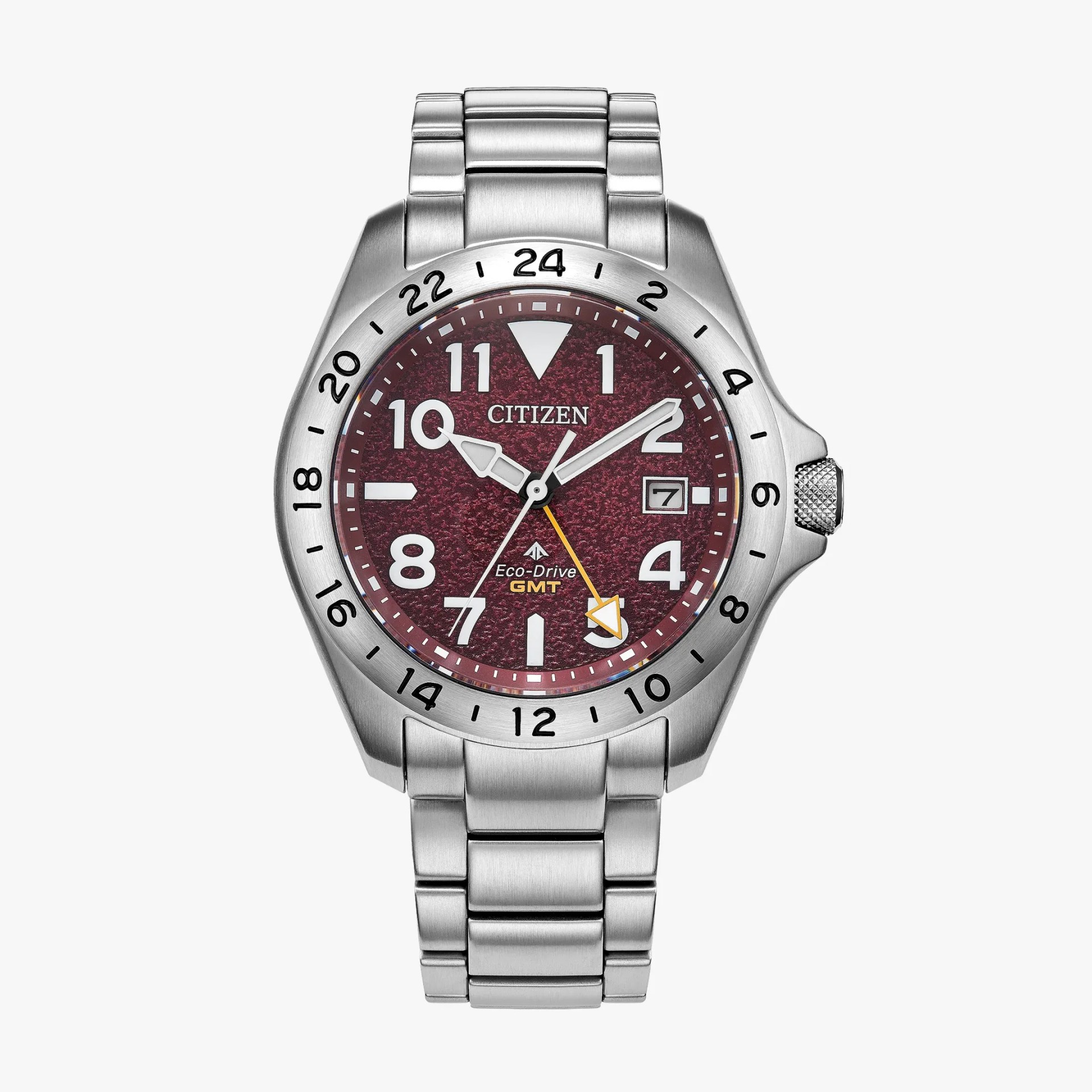Stainless steel Citizen Eco-Drive GMT watch with textured burgundy dial and yellow GMT hand.