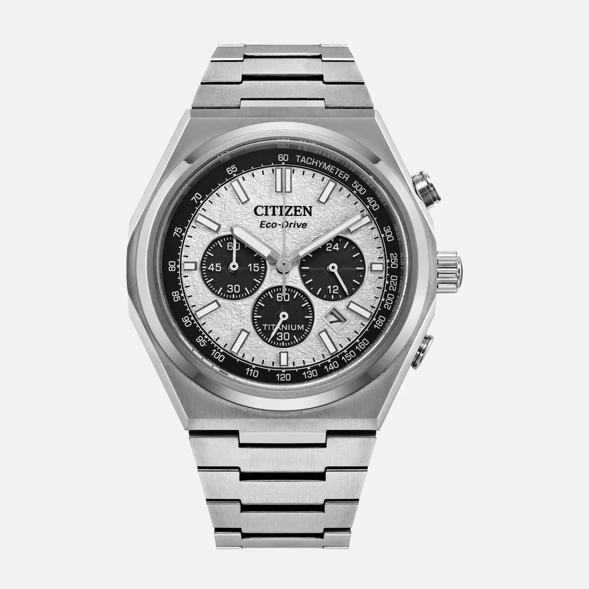 Silver Citizen Eco-Drive titanium chronograph watch with textured white dial and black subdials.