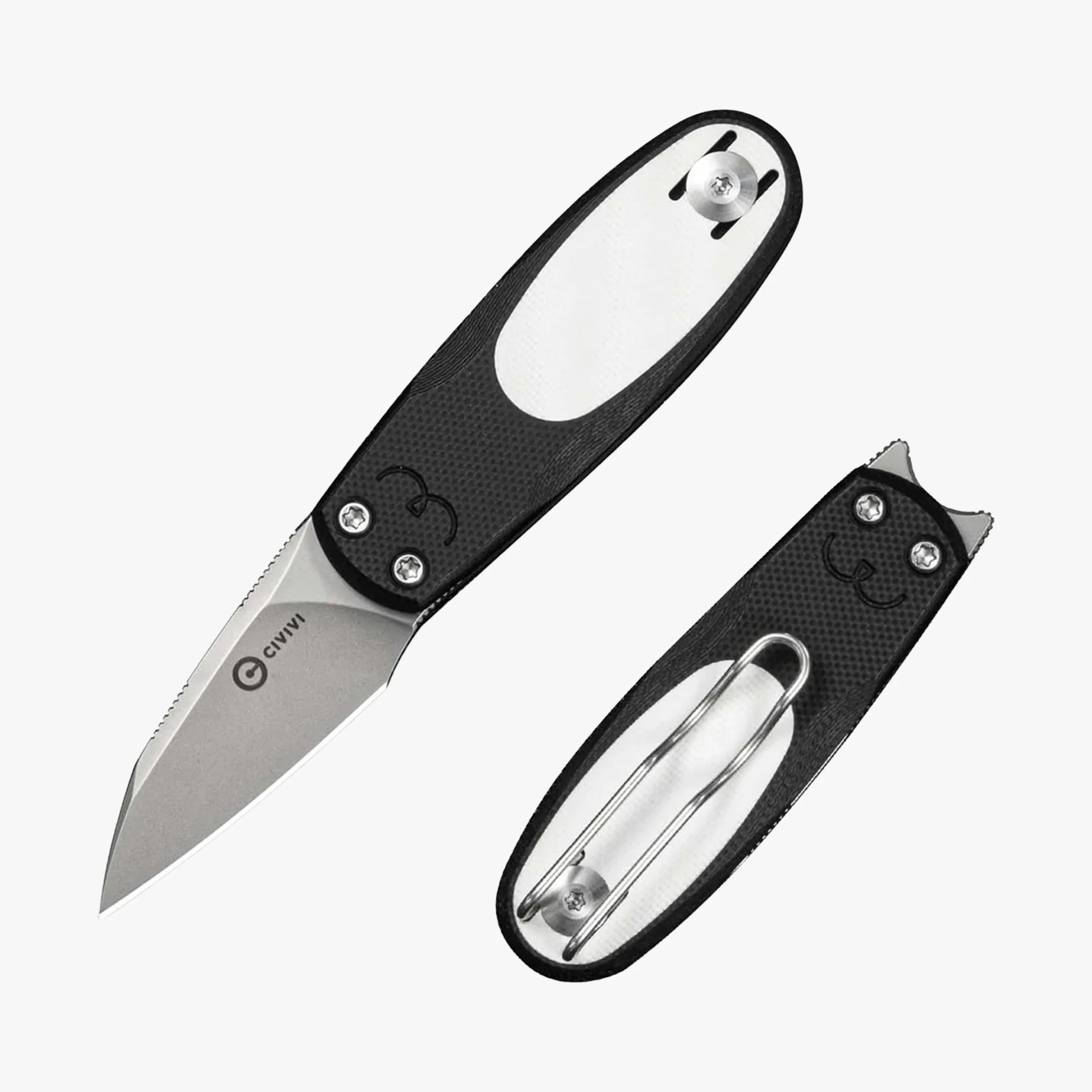 Black and white folding knife with a cat face design on the handle and a metal clip on the back.