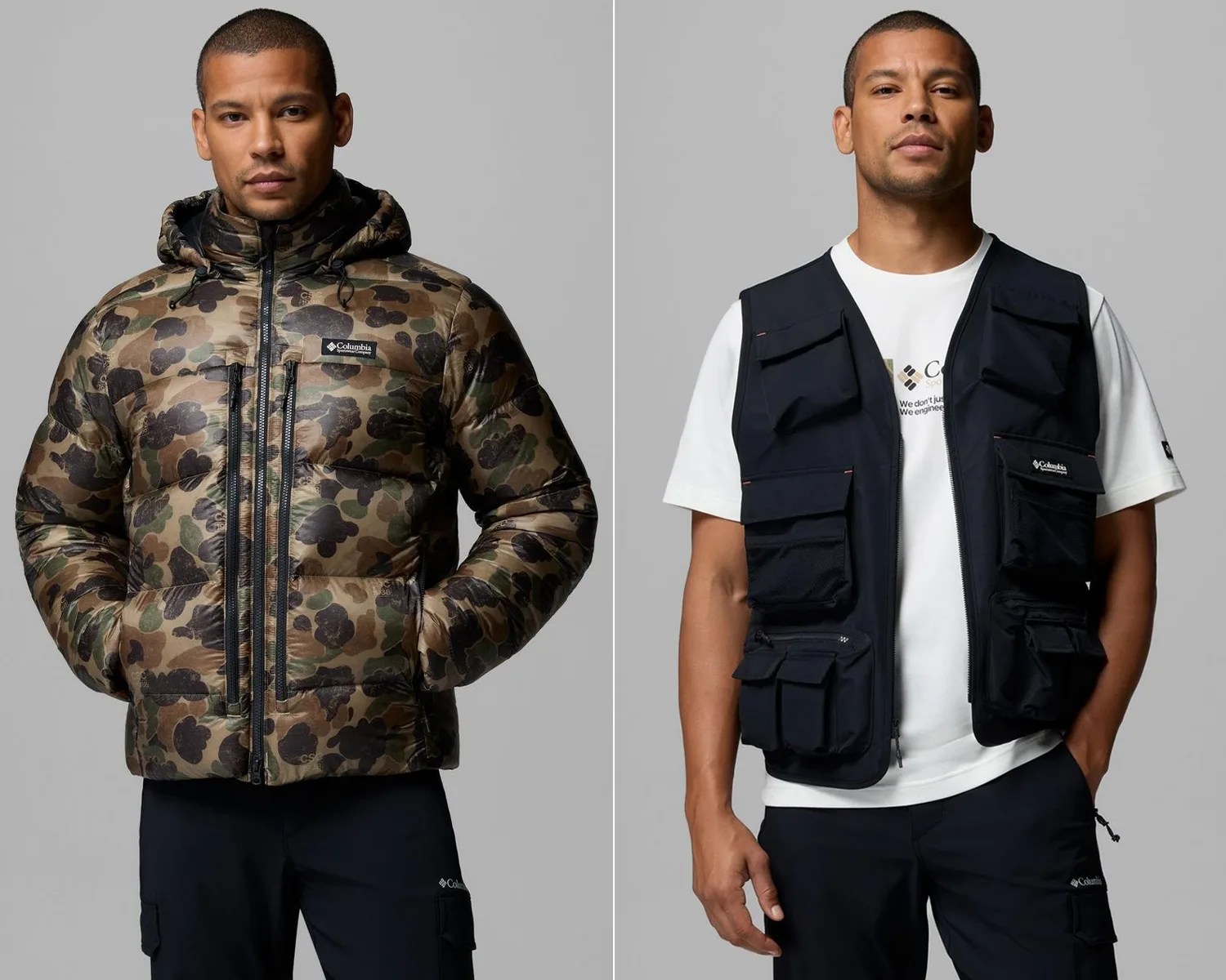 Left: Camouflage-patterned puffer jacket with hood and front zipper worn by a person. Right: Black multi-pocket utility vest worn over a white t-shirt by a person.