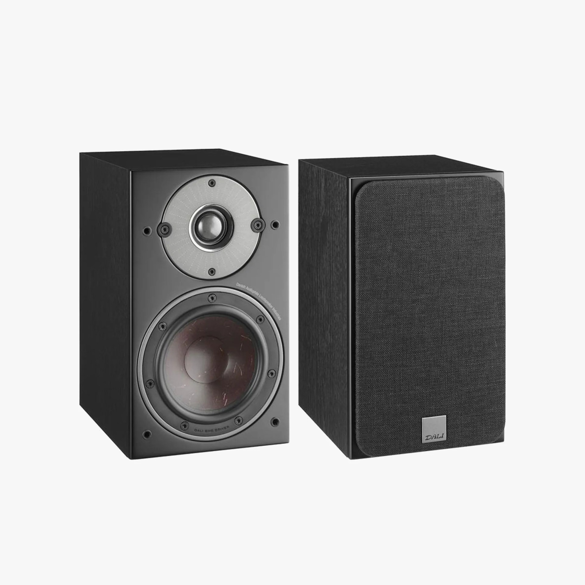 Pair of black bookshelf speakers, one with visible drivers and one with a black fabric grille.