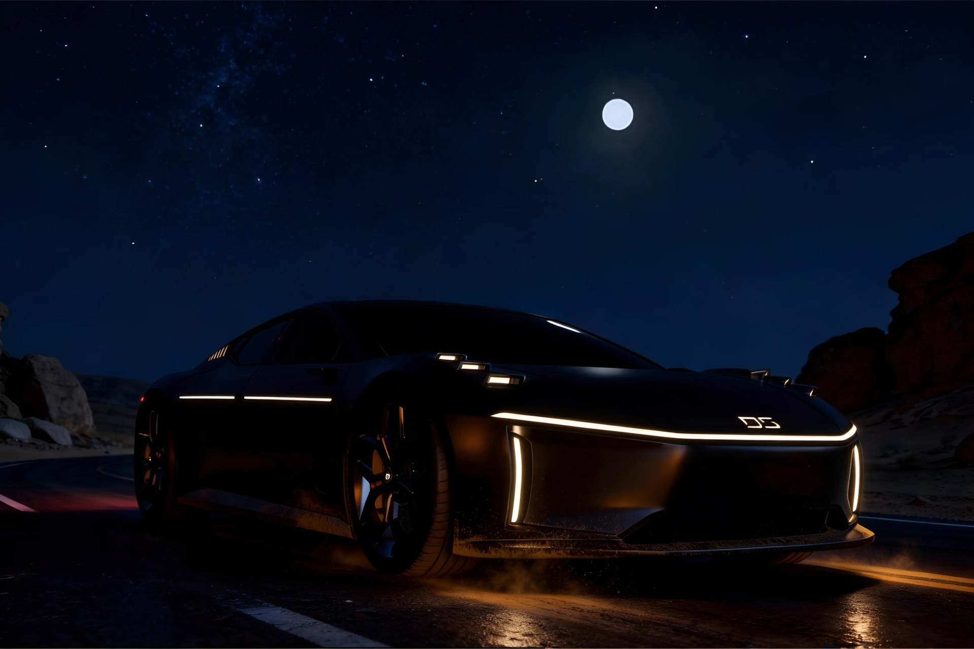 Black futuristic sports car with illuminated horizontal and vertical LED lights on a dark road under a full moon.