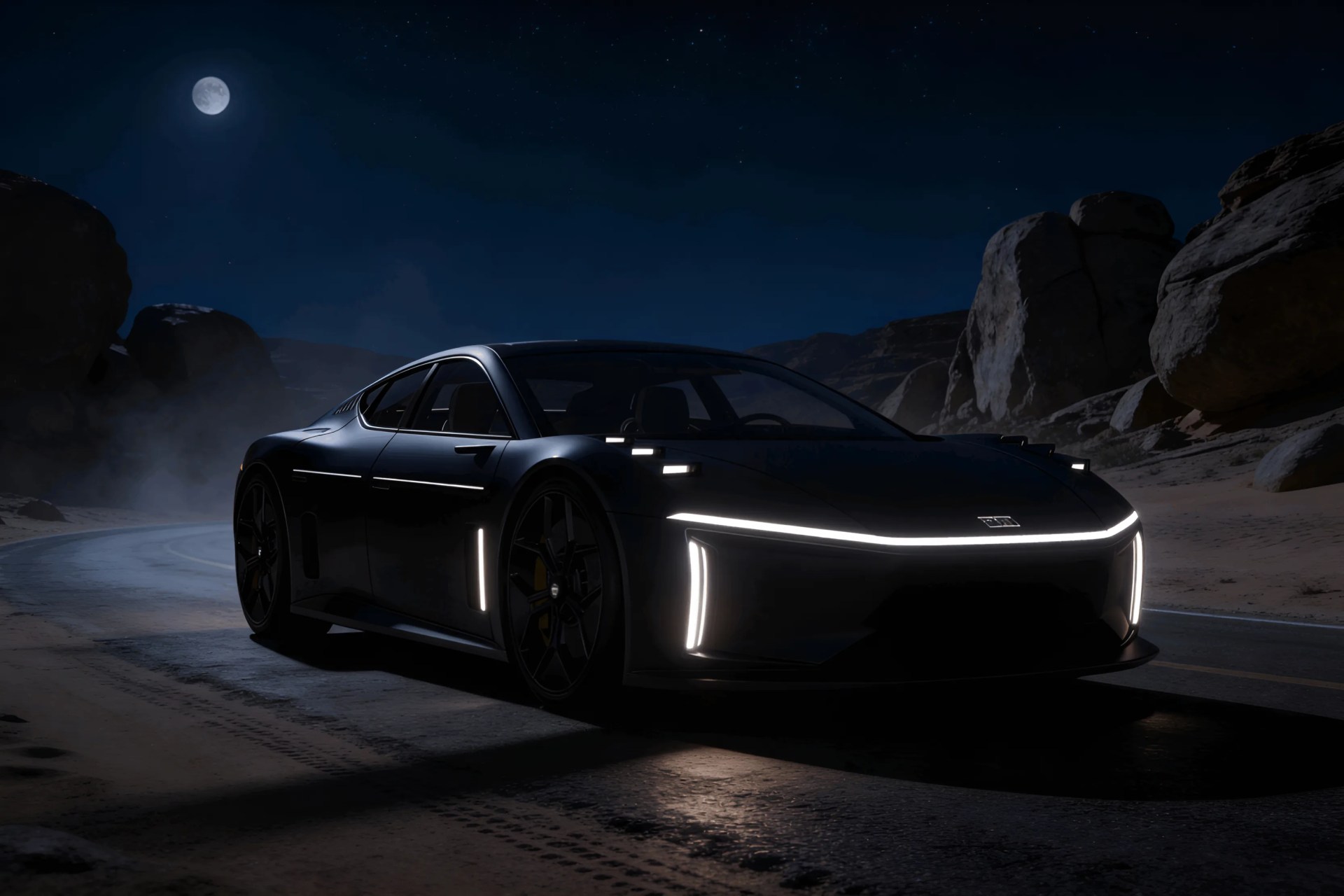 Black sleek sports car with distinctive LED lights on a desert road at night under a full moon.