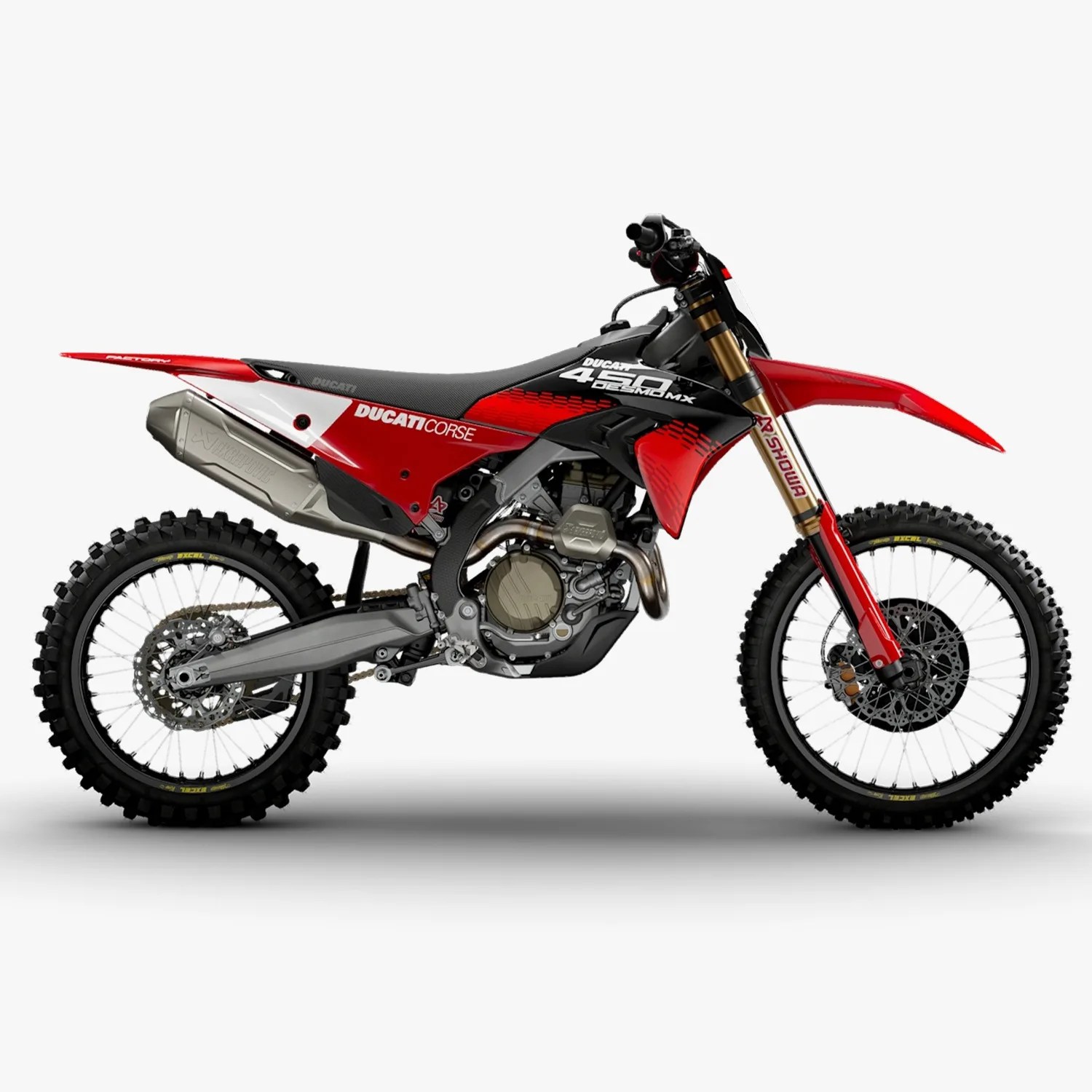 Red and black Ducati 450 Desmo MX dirt bike with knobby tires and gold front forks on a white background.