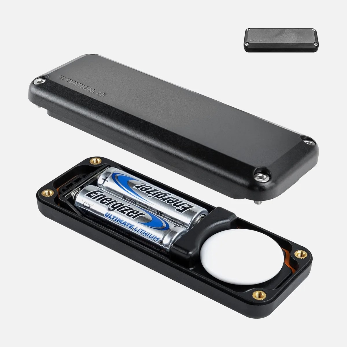Black rectangular Elevation Lab battery case with two Energizer Ultimate Lithium AA batteries and a white circular device inside.