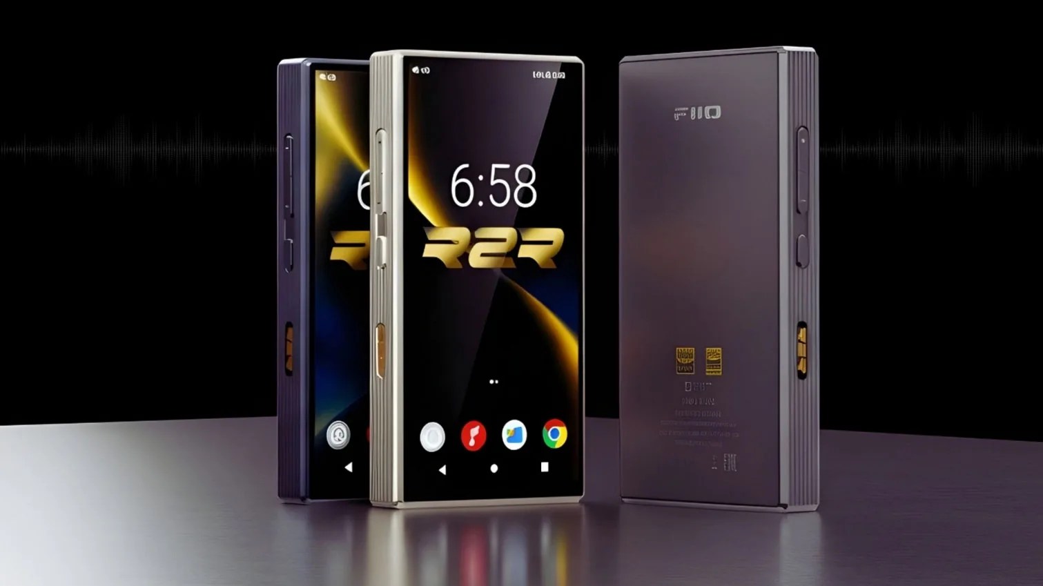 Three rectangular digital audio players with vertical orientation, two showing front screens with "R2R" logo and one showing the back, in black and silver finishes.