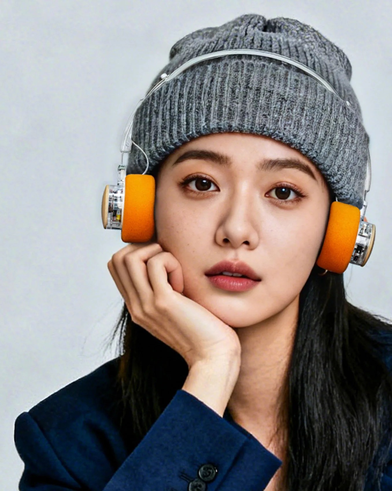 Person wearing a gray knit beanie and transparent headphones with orange foam ear pads.