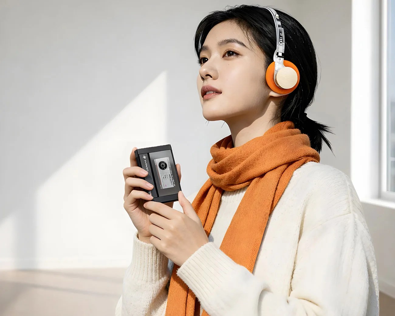 Person wearing orange and beige headphones and an orange scarf, holding a black cassette tape player.