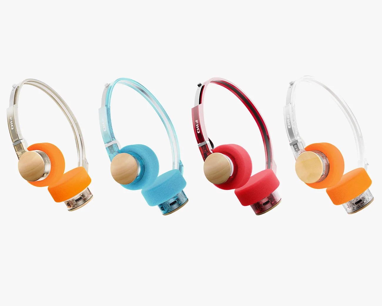 Four pairs of on-ear headphones with wooden ear cups and foam ear pads in orange, blue, red, and orange colors, each with a translucent plastic headband.