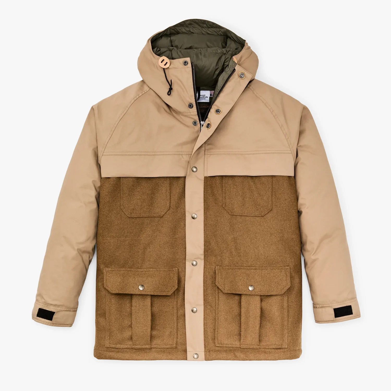 Two-tone beige and brown hooded jacket with snap buttons and multiple front pockets.