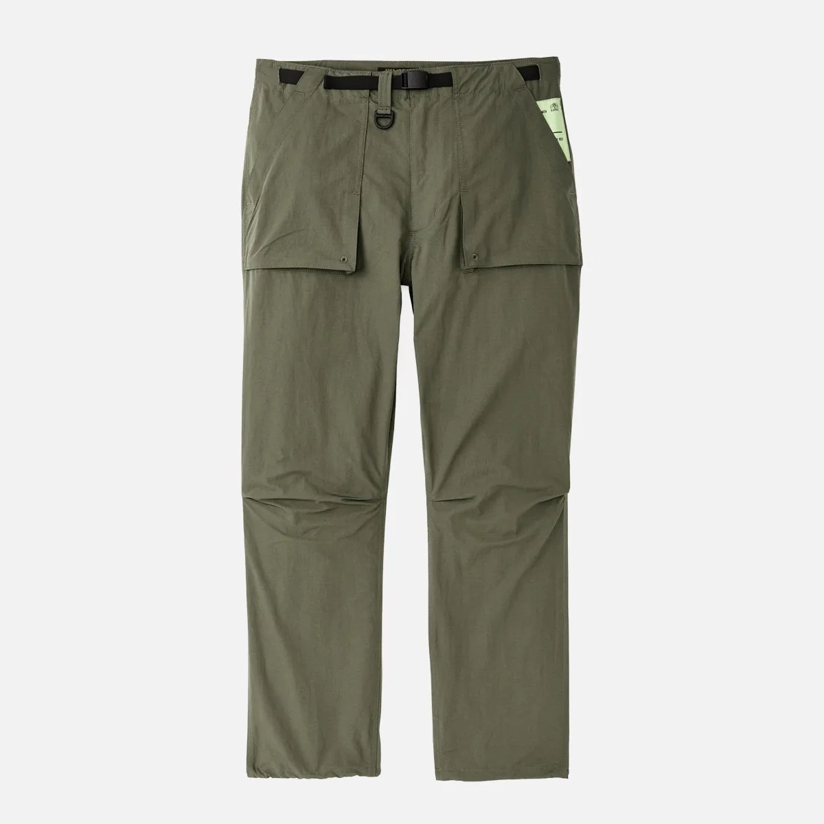 Olive-green outdoor pants with built-in black belt and large front flap pockets.