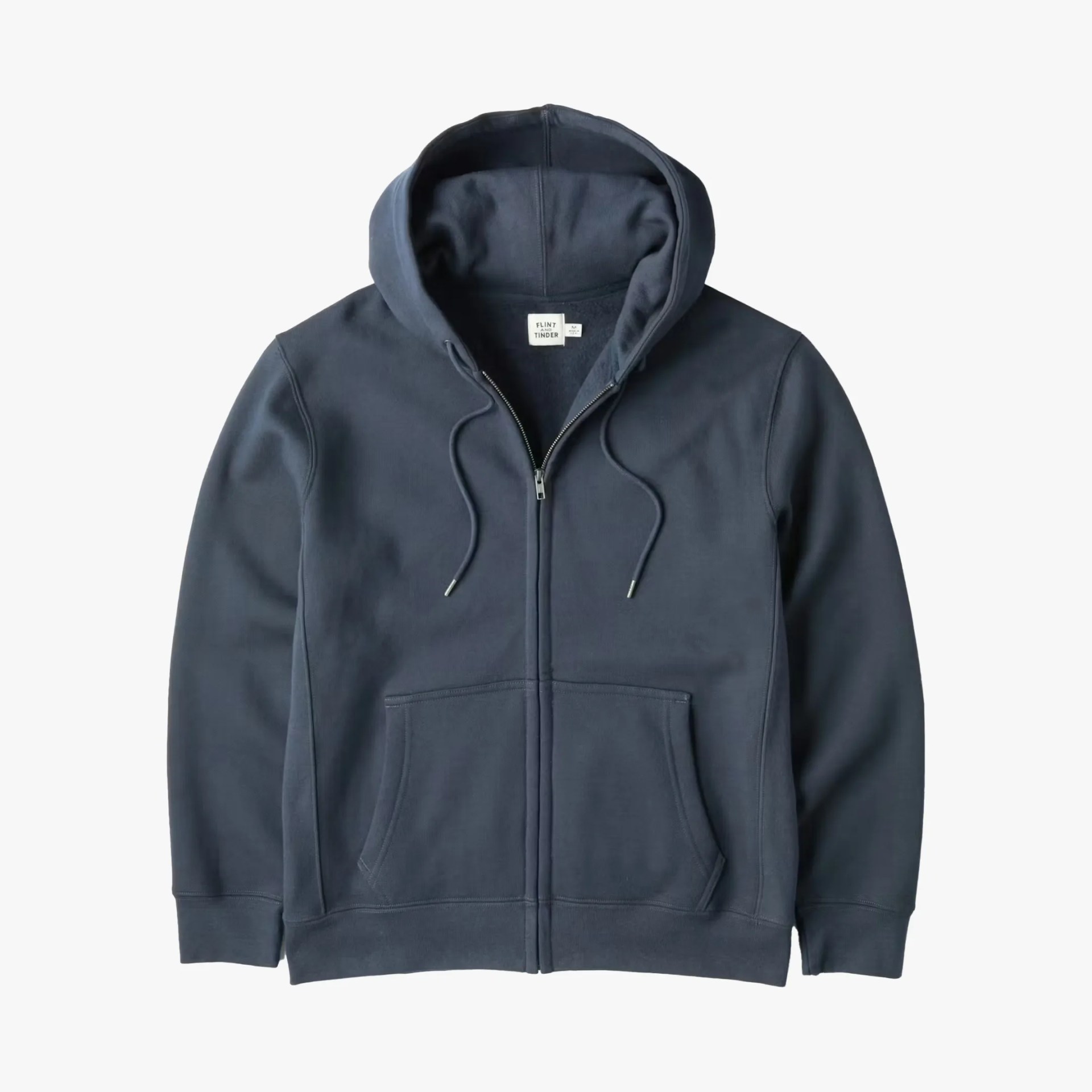 Navy blue zip-up hoodie with front pockets and drawstrings.