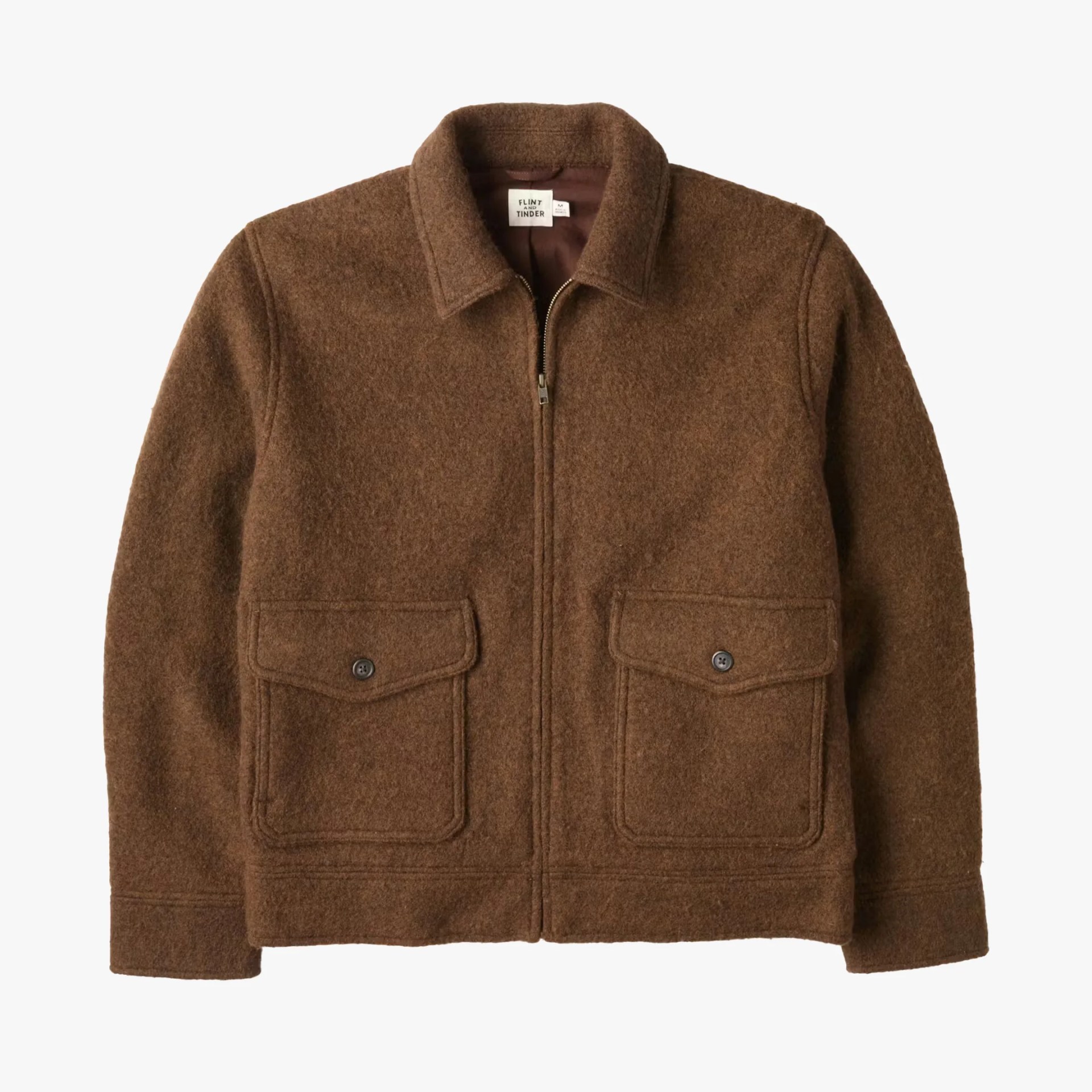 Brown wool zip-up jacket with two front flap pockets and a collar.