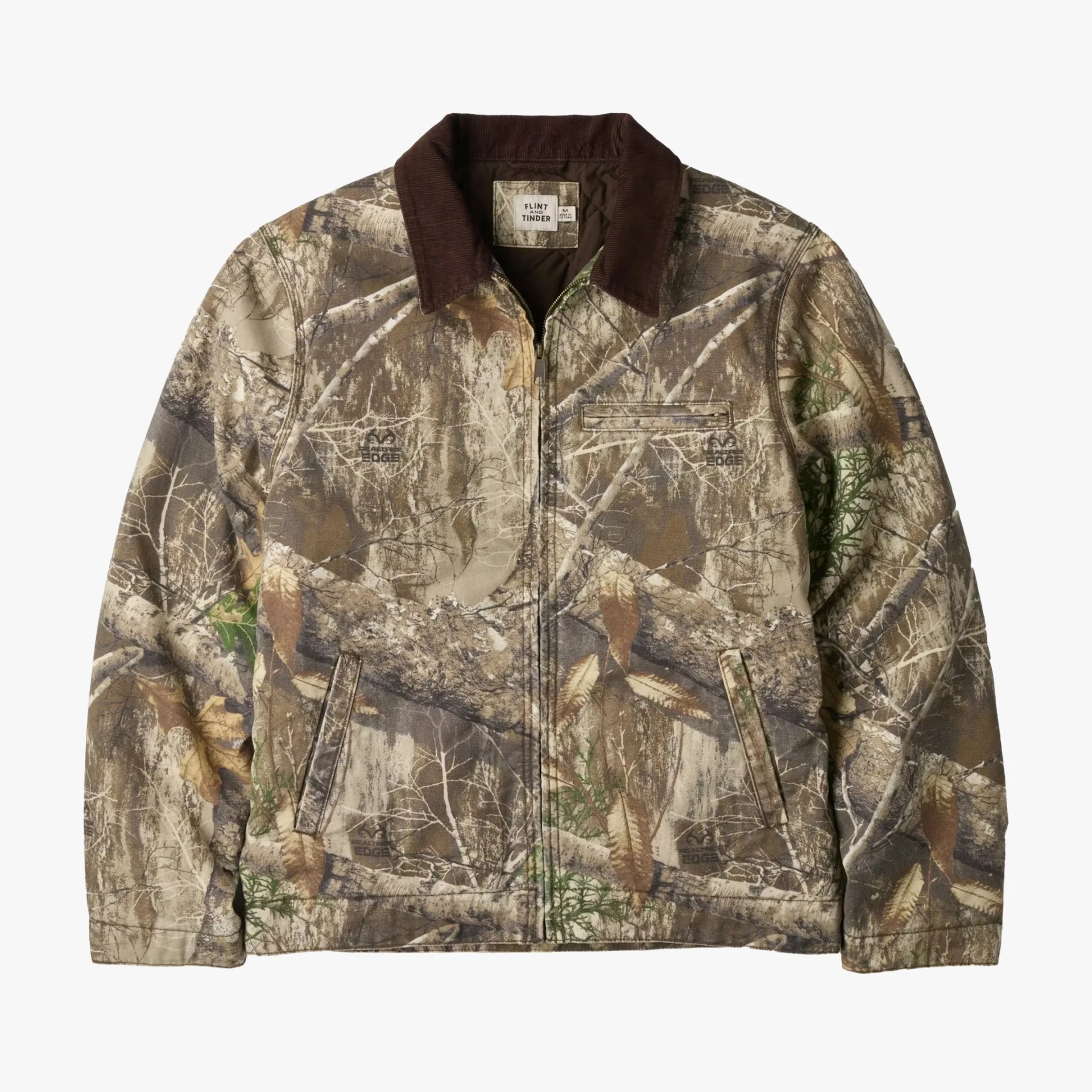 Camouflage patterned jacket with brown corduroy collar and front zipper closure.