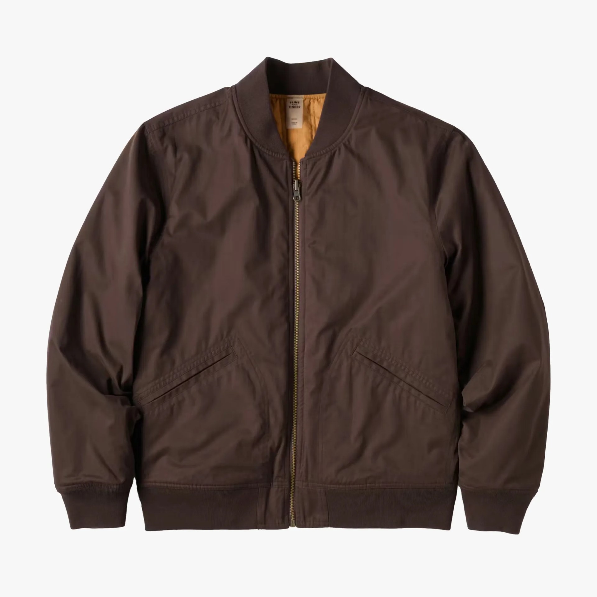 Brown zip-up bomber jacket with ribbed cuffs and hem on a white background.