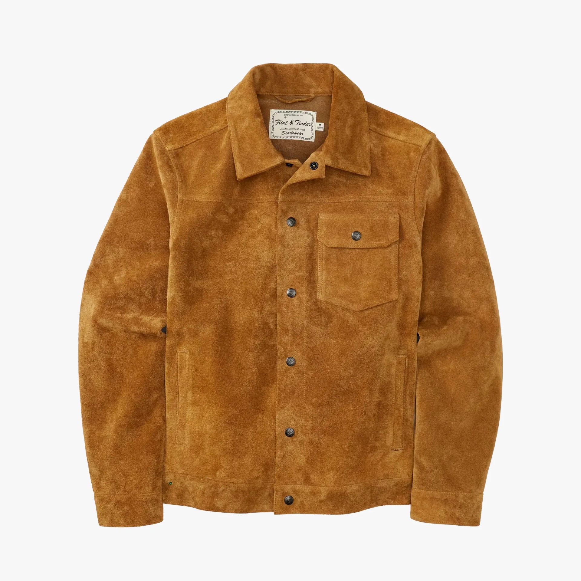Brown suede jacket with button front and flap chest pocket.