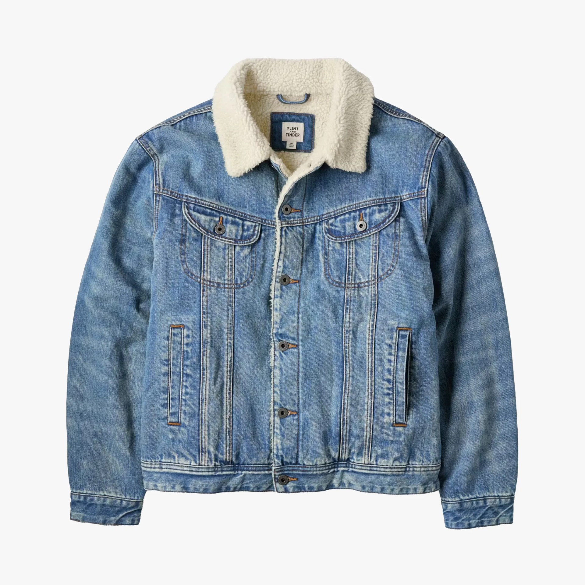 Light blue denim jacket with white sherpa collar and button front closure.