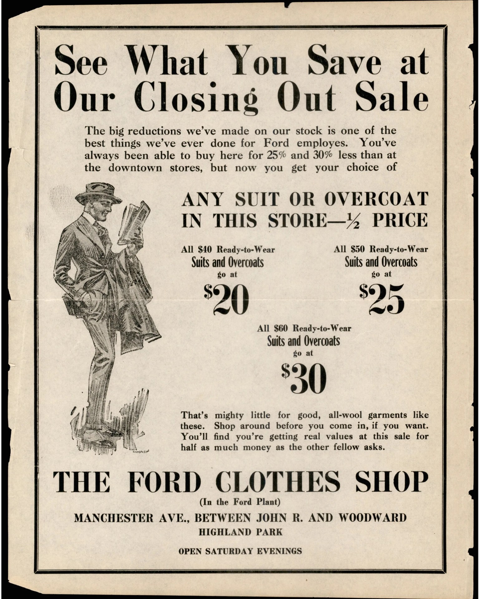 Vintage black and white ad for The Ford Clothes Shop offering half-price suits and overcoats with prices $20, $25, and $30.
