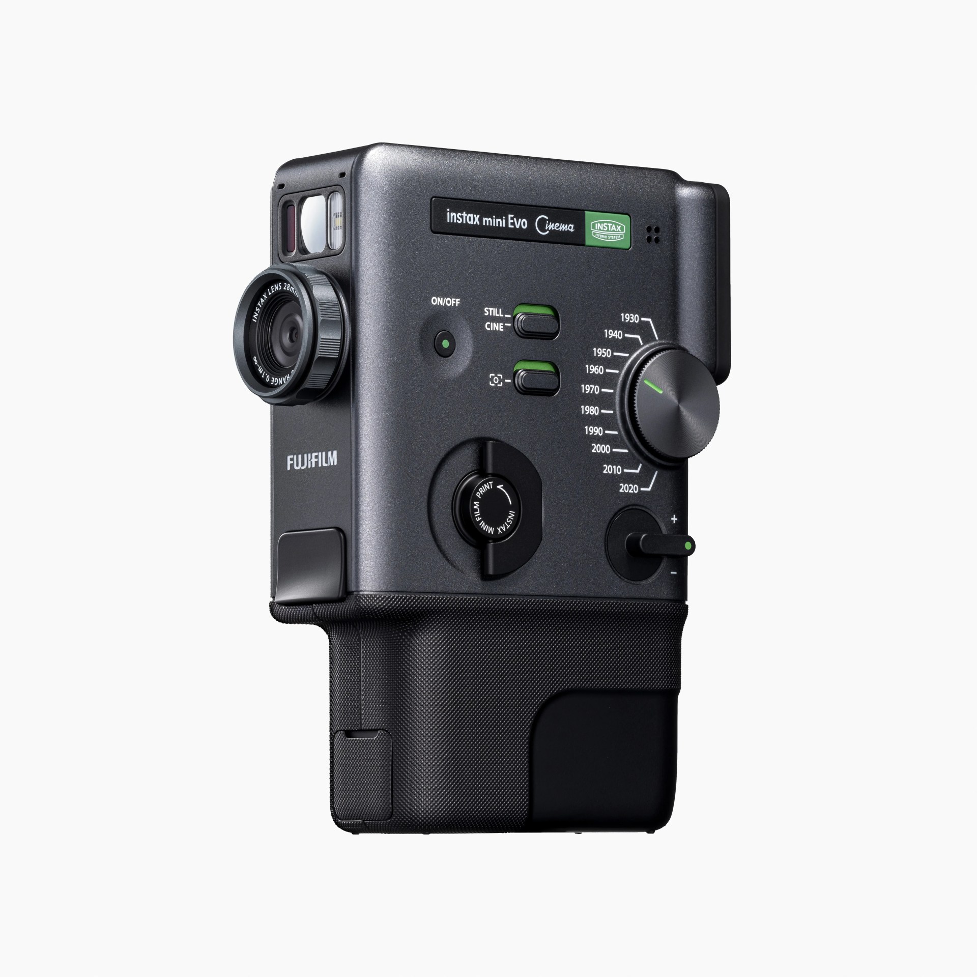 Black Fujifilm Instax Mini Evo Cinema instant camera with multiple dials and switches on a white background.
