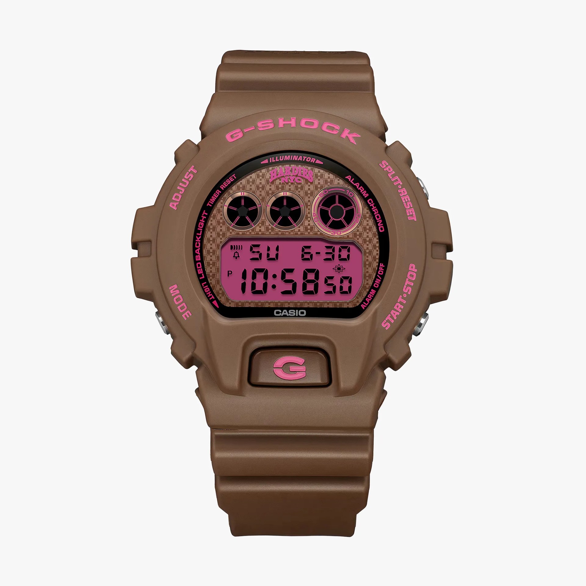 Brown Casio G-Shock digital watch with pink accents and a patterned face.