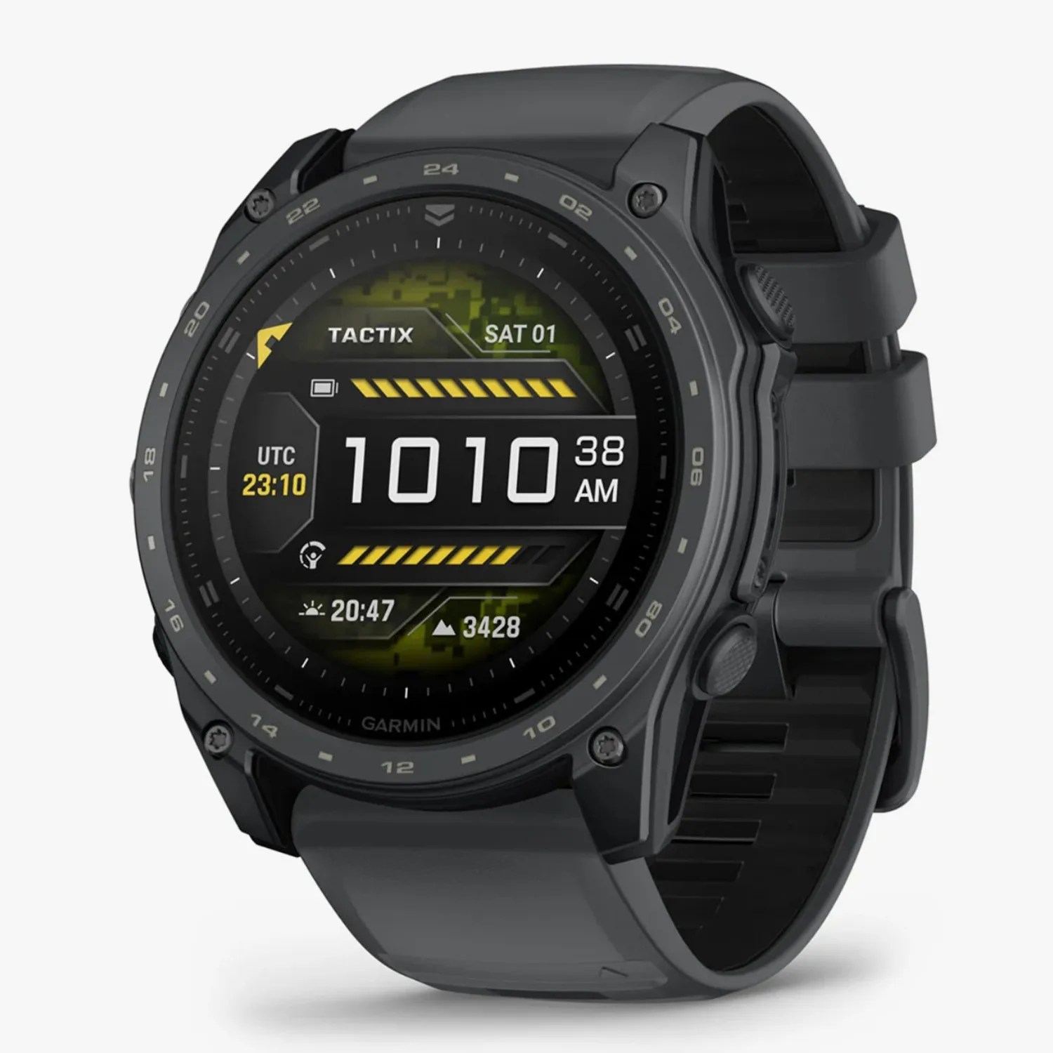 Black Garmin Tactix smartwatch with digital display showing time, date, and activity stats on a black silicone strap.