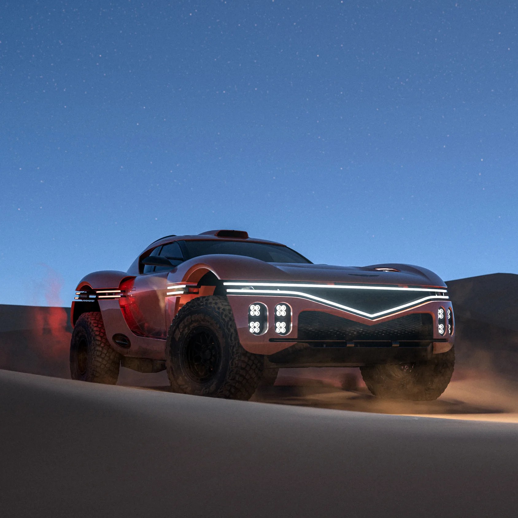 Futuristic off-road vehicle with large tires and LED light strips driving on sand at dusk.